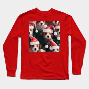 Puppy Christmas Pattern with Santa Hats and Christmas Trees Long Sleeve T-Shirt